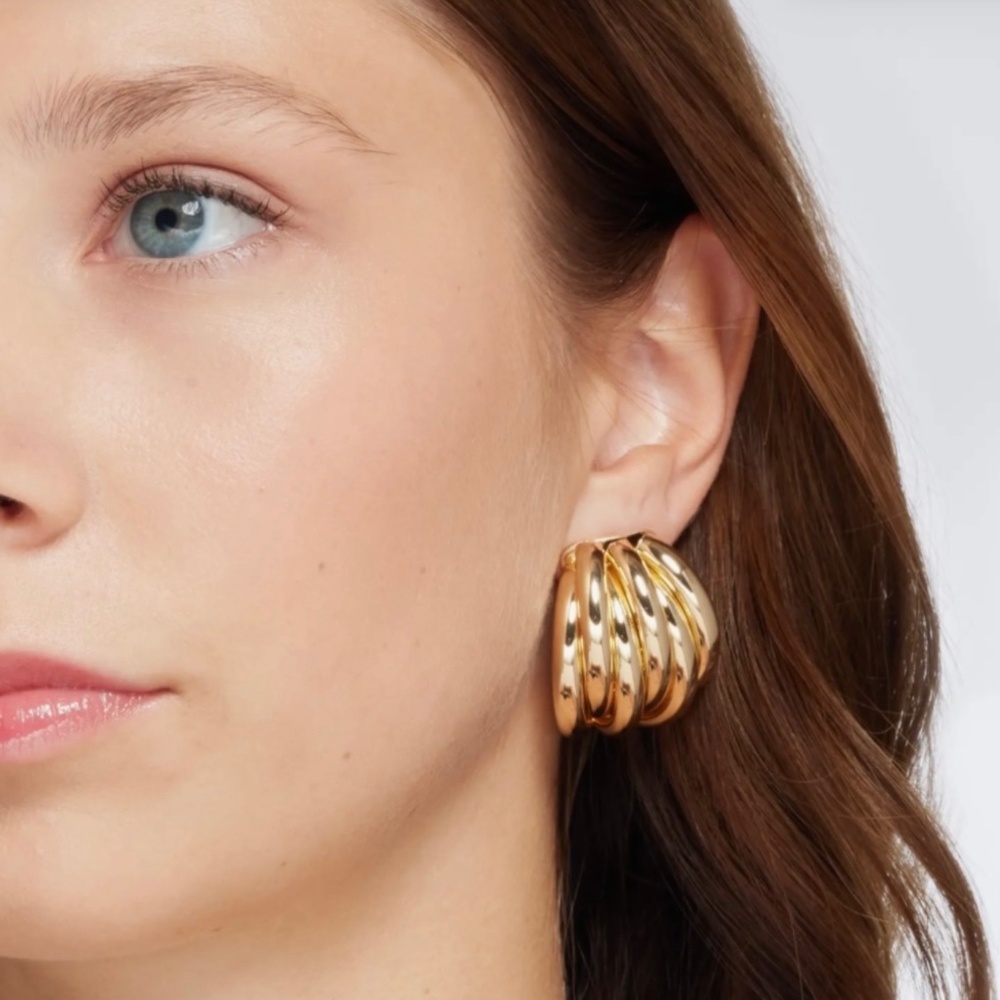 New Open Edit Earrings Free Form Ridge Hoop Earrings in Goldtone Plate